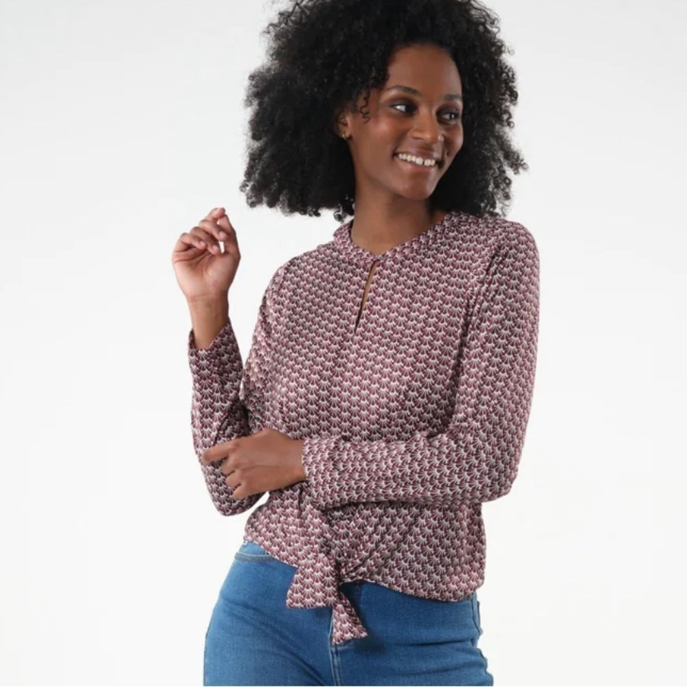 Womens Pink Patterned Long-Sleeve Tie-Hem Blouse